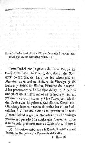 Carta de Doña Isabel la Católica ordenando á varias ciudades que la proclaman
