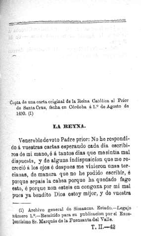 Copia de una carta original de la Reina Católica al prior de Santa Cruz
