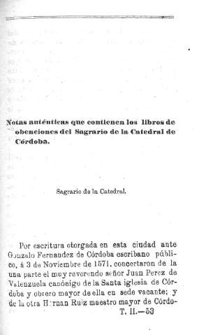 Notas auténticas que contienen los libros de obenciones del Sagrario de la Catedral de Córdoba