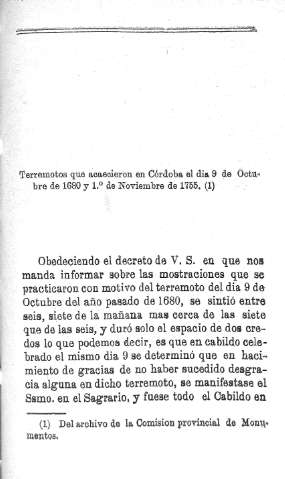 Terremotos que acaesieron en Córdoba el día 9 de Octubre de 1680 y 1º de Noviembre de 1755