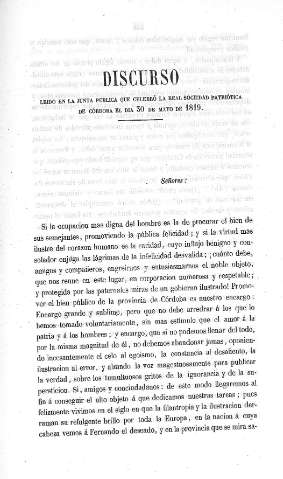 Discurso leído en la Junta Pública que se celebró la Real Sociedad Patriótica de Córdoba el día 30 de mayo de 1819