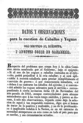 Datos y observaciones para la cuestion de Caballos y Yeguas