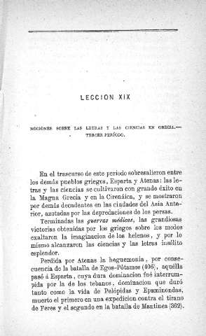 Lección XIX. Nociones sobre las ciencias y las letras en Grecia