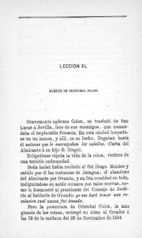 Lección XL. Muerte de Cristóbal Colón