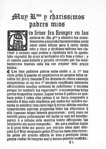 Muy Rdos. y charissimos padres mios...