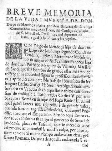 Breve memoria de la vida i muerte de don Diego de Mendoça...