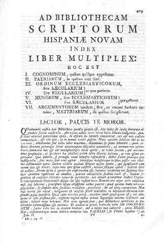 Ad bibliothecam scriptorum hispaniae novam index. Liber multiplex