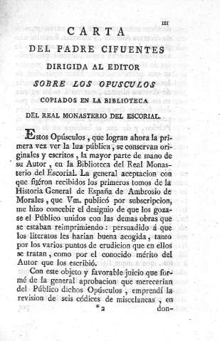 Carta del Padre Cifuentes dirigida al editor sobre los Opúsculos...