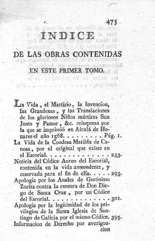 Indice de la obras contenidas en este primer tomo