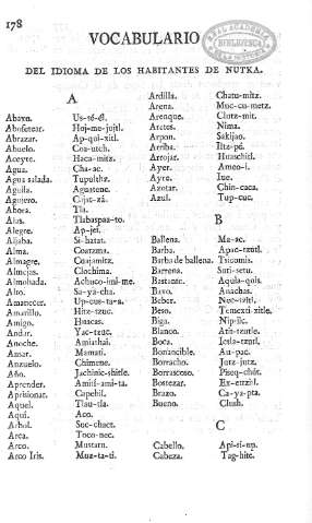 Vocabulario del idioma de los habitantes de Nutka