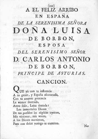 A el feliz arribo en España de la Serenisima Señora Doña Luisa