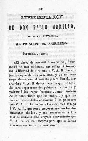 Representación de Don Pablo Morillo, Conde de Cartajena, al Príncipe de Angulema