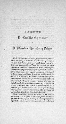 A los señores D. Emilio Castelar y D. Marcelino Menéndez y Pelayo
