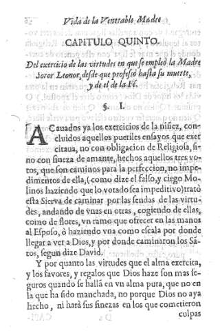 Capitulo Quinto. Del exercicio de las virtudes en que se empleò la Madre Soror Leonor, desde que profesò hasta su muerte, y de el de la Fé