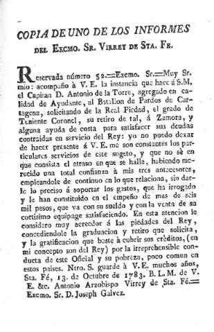 Copia de uno de los informes del Excmo. Sr. Virrey de Sta. Fe
