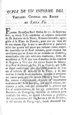 Copia de un informe del visitador General del Reyno de Santa Fe