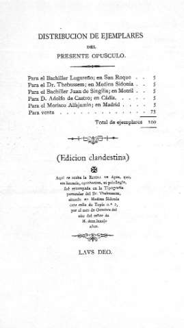 Distribucion de ejemplares del presente opúsculo