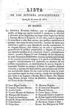Lista de los señores suscriptores hasta fin de enero 1833