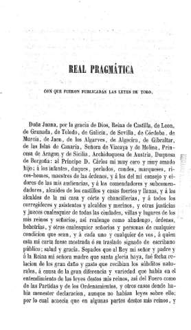 Real Pragmática con que fueron publicadas las Leyes de Toro