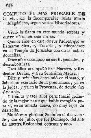 Computo el mas probable de la vida de la incomparable Santa Maria Magdalena, segun varios Historiadores