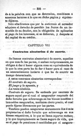 Capitulo VII. Contratos aleatorios ó de suerte