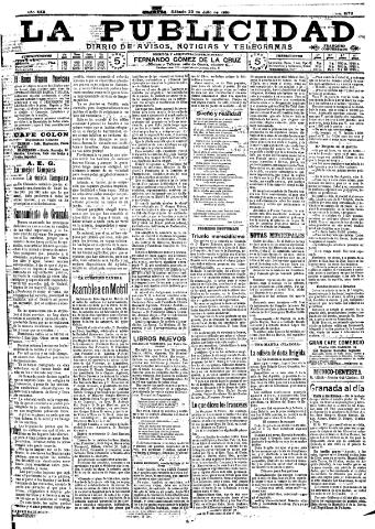 'La publicidad : diario de avisos noticias y telegramas. Eco fiel de la opinión y verdadero defensor de los intereses morales y materiales de Granada y su provincia' - Año XXX Número 8178 (23/07/1910)
