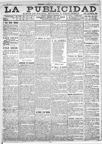 'La publicidad : diario de avisos noticias y telegramas. Eco fiel de la opinión y verdadero defensor de los intereses morales y materiales de Granada y su provincia' - Año XXX Número 8183 (28/07/1910)
