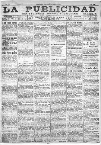 'La publicidad : diario de avisos noticias y telegramas. Eco fiel de la opinión y verdadero defensor de los intereses morales y materiales de Granada y su provincia' - Año XXX Número 8184 (29/07/1910)