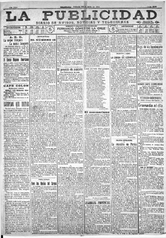 'La publicidad : diario de avisos noticias y telegramas. Eco fiel de la opinión y verdadero defensor de los intereses morales y materiales de Granada y su provincia' - Año XXX Número 8185 (30/07/1910)