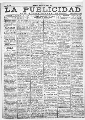 'La publicidad : diario de avisos noticias y telegramas. Eco fiel de la opinión y verdadero defensor de los intereses morales y materiales de Granada y su provincia' - Año XXX Número 8158 (02/07/1910)