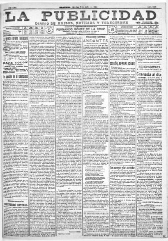 'La publicidad : diario de avisos noticias y telegramas. Eco fiel de la opinión y verdadero defensor de los intereses morales y materiales de Granada y su provincia' - Año XXX Número 8161 (05/07/1910)