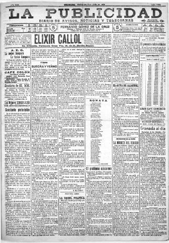 'La publicidad : diario de avisos noticias y telegramas. Eco fiel de la opinión y verdadero defensor de los intereses morales y materiales de Granada y su provincia' - Año XXX Número 8162 (06/07/1910)