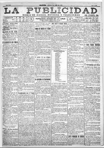 'La publicidad : diario de avisos noticias y telegramas. Eco fiel de la opinión y verdadero defensor de los intereses morales y materiales de Granada y su provincia' - Año XXX Número 8163 (07/07/1910)