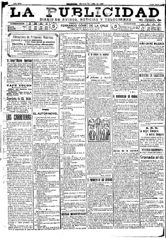 'La publicidad : diario de avisos noticias y telegramas. Eco fiel de la opinión y verdadero defensor de los intereses morales y materiales de Granada y su provincia' - Año XXX Número 8164 (08/07/1910)