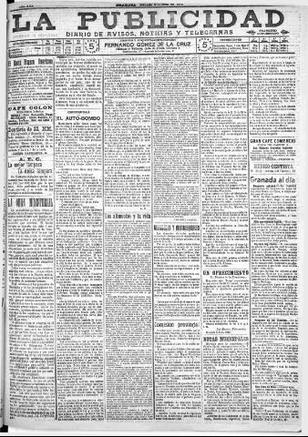 'La publicidad : diario de avisos noticias y telegramas. Eco fiel de la opinión y verdadero defensor de los intereses morales y materiales de Granada y su provincia' - Año XXX Número 8165 (09/07/1910)
