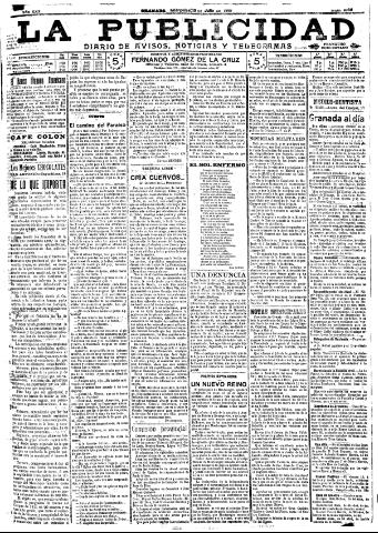 'La publicidad : diario de avisos noticias y telegramas. Eco fiel de la opinión y verdadero defensor de los intereses morales y materiales de Granada y su provincia' - Año XXX Número 8168 (13/07/1910)