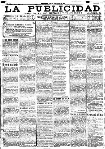 'La publicidad : diario de avisos noticias y telegramas. Eco fiel de la opinión y verdadero defensor de los intereses morales y materiales de Granada y su provincia' - Año XXX Número 8169 (14/07/1910)