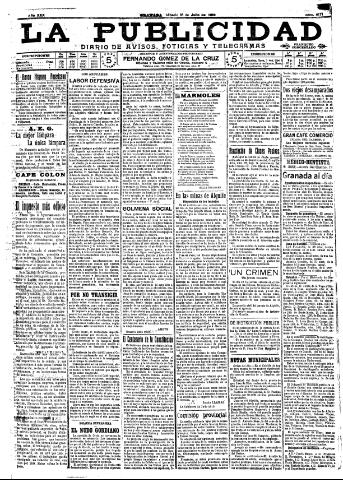 'La publicidad : diario de avisos noticias y telegramas. Eco fiel de la opinión y verdadero defensor de los intereses morales y materiales de Granada y su provincia' - Año XXX Número 8171 (16/07/1910)
