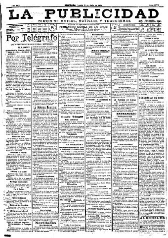 'La publicidad : diario de avisos noticias y telegramas. Eco fiel de la opinión y verdadero defensor de los intereses morales y materiales de Granada y su provincia' - Año XXX Número 8173 (18/07/1910)