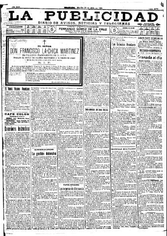 'La publicidad : diario de avisos noticias y telegramas. Eco fiel de la opinión y verdadero defensor de los intereses morales y materiales de Granada y su provincia' - Año XXX Número 8174 (19/07/1910)