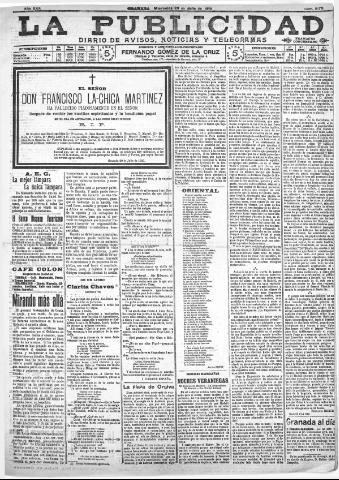 'La publicidad : diario de avisos noticias y telegramas. Eco fiel de la opinión y verdadero defensor de los intereses morales y materiales de Granada y su provincia' - Año XXX Número 8175 (20/07/1910)