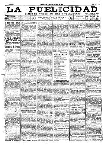 'La publicidad : diario de avisos noticias y telegramas. Eco fiel de la opinión y verdadero defensor de los intereses morales y materiales de Granada y su provincia' - Año XXX Número 8176 (21/07/1910)