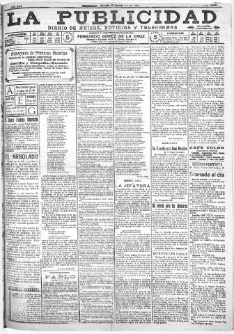 'La publicidad : diario de avisos noticias y telegramas. Eco fiel de la opinión y verdadero defensor de los intereses morales y materiales de Granada y su provincia' - Año XXX Número 8206 (20/08/1910)