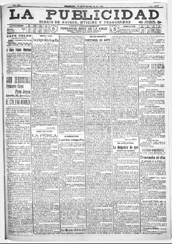 'La publicidad : diario de avisos noticias y telegramas. Eco fiel de la opinión y verdadero defensor de los intereses morales y materiales de Granada y su provincia' - Año XXX Número 8207 (21/08/1910)