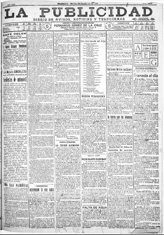 'La publicidad : diario de avisos noticias y telegramas. Eco fiel de la opinión y verdadero defensor de los intereses morales y materiales de Granada y su provincia' - Año XXX Número 8209 (23/08/1910)