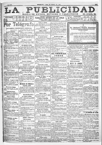 'La publicidad : diario de avisos noticias y telegramas. Eco fiel de la opinión y verdadero defensor de los intereses morales y materiales de Granada y su provincia' - Año XXX Número 8215 (29/08/1910)