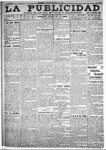 'La publicidad : diario de avisos noticias y telegramas. Eco fiel de la opinión y verdadero defensor de los intereses morales y materiales de Granada y su provincia' - Año XXX Número 8216 (30/08/1910)