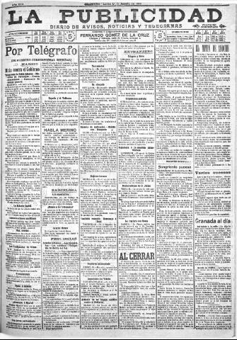 'La publicidad : diario de avisos noticias y telegramas. Eco fiel de la opinión y verdadero defensor de los intereses morales y materiales de Granada y su provincia' - Año XXX Número 8187 (01/08/1910)