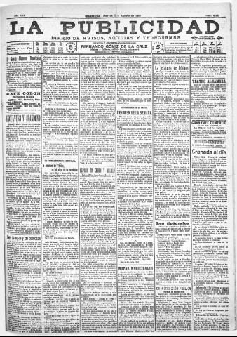 'La publicidad : diario de avisos noticias y telegramas. Eco fiel de la opinión y verdadero defensor de los intereses morales y materiales de Granada y su provincia' - Año XXX Número 8188 (02/08/1910)