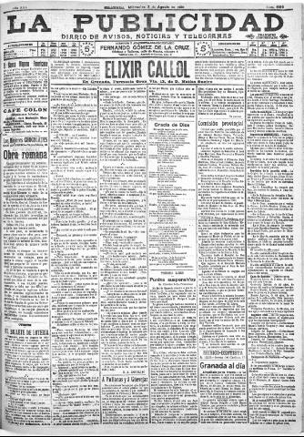 'La publicidad : diario de avisos noticias y telegramas. Eco fiel de la opinión y verdadero defensor de los intereses morales y materiales de Granada y su provincia' - Año XXX Número 8189 (03/08/1910)